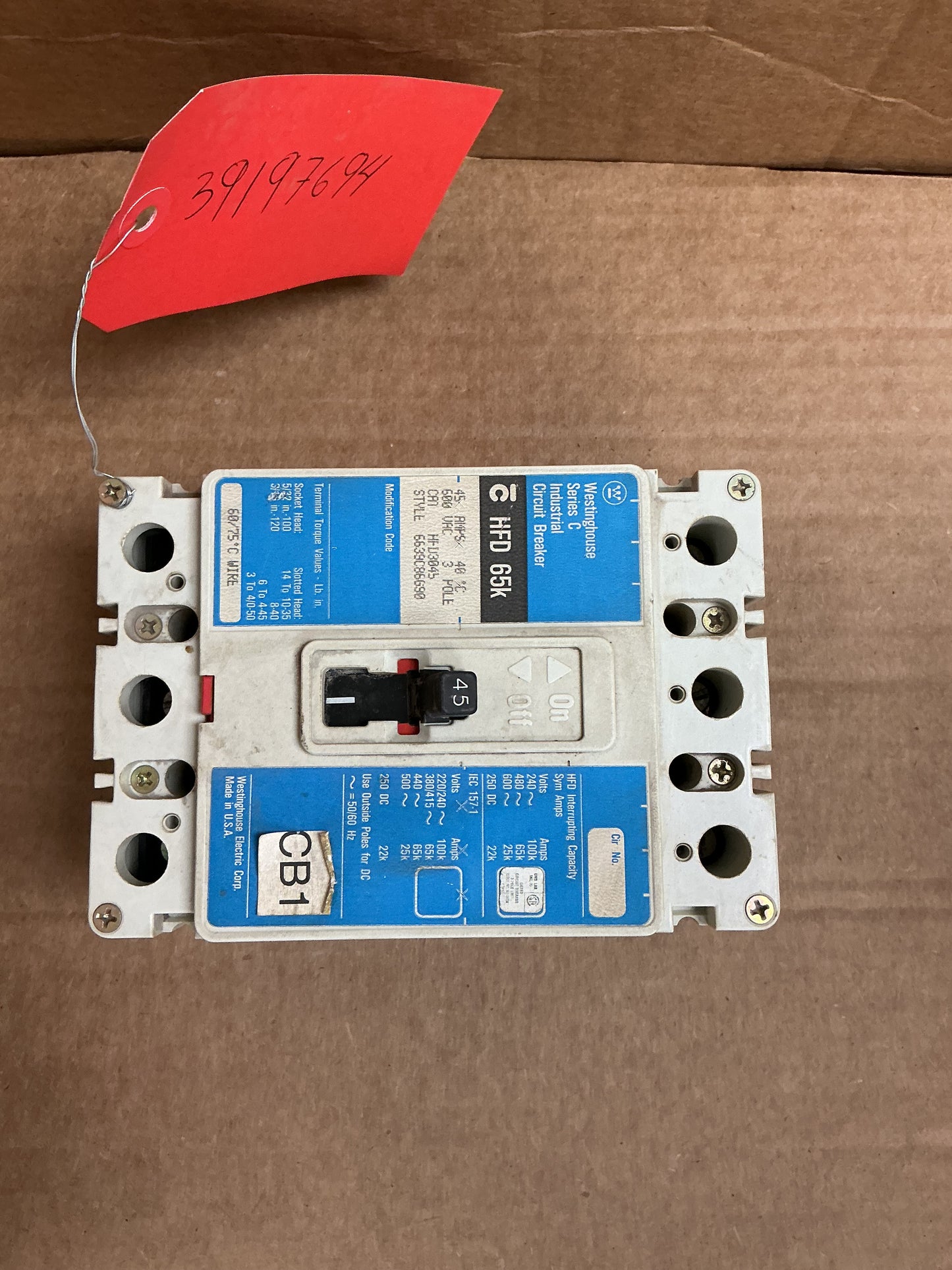 Westinghouse 6639C86690 15A Breaker (Replaces Ingersoll Rand 39197694)